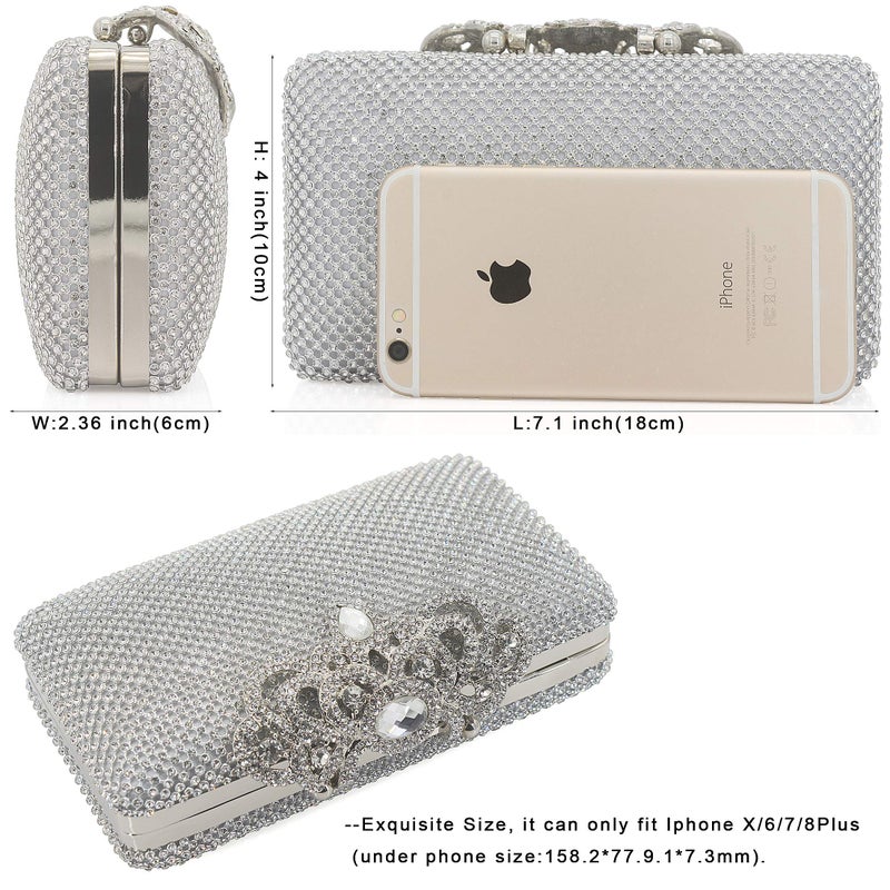 DEXMAY DM Dexmay Crystal Rhinestone Clutch Bag Diamond Crown Clasp Evening Bag Bling Party Purse Silver Medium - Image 5